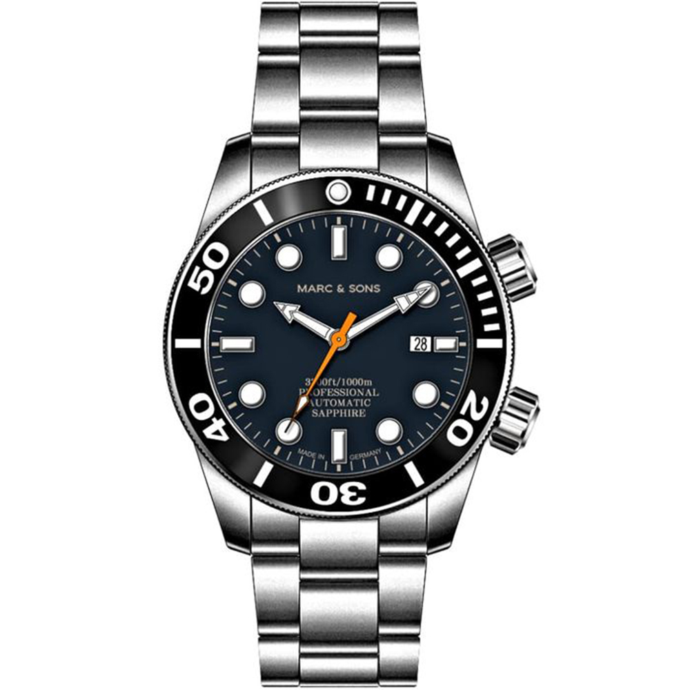 Marc & Sons Professional Automatic Diver Men's Watch 46mm Black Bezel/Blue-Gray Dial MSD-028-20S - Click Image to Close